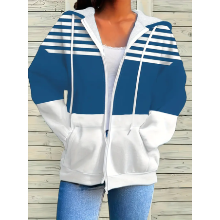 Women Spring/Fall Outerwear Casual Printing Striped Long Sleeve Hoodie Jacket