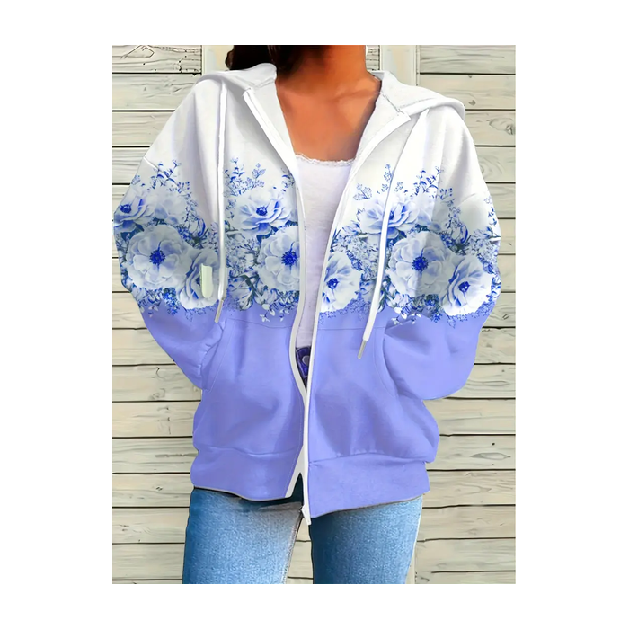 Women Spring/Fall Outerwear Casual Printing Floral Long Sleeve Hoodie Jacket