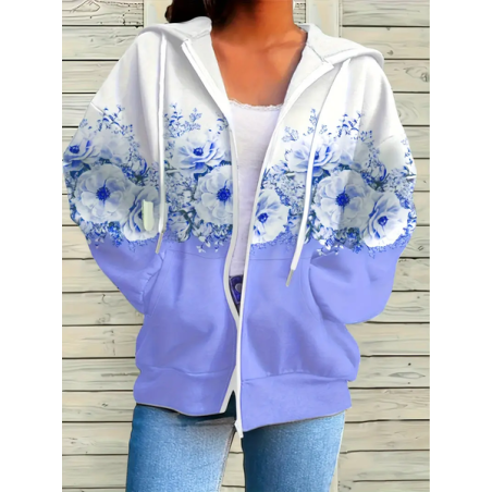 Women Spring/Fall Outerwear Casual Printing Floral Long Sleeve Hoodie Jacket