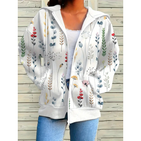 Women Spring/Fall Outerwear Casual Printing Floral Long Sleeve Hoodie Jacket