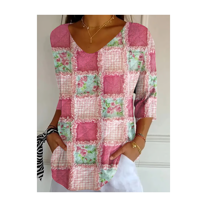 Women Floral Three Quarter Sleeve Tee T-shirt V Neck Printing Casual Spring/Fall Graphic Tee Top