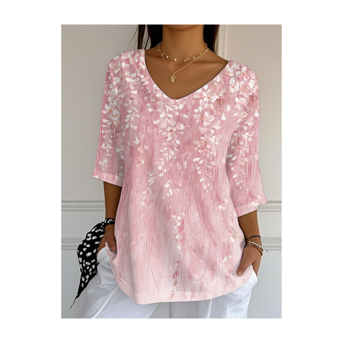 Women Floral Three Quarter Sleeve Tee T-shirt V Neck Printing Casual Spring/Fall Graphic Tee Top