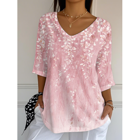 Women Floral Three Quarter Sleeve Tee T-shirt V Neck Printing Casual Spring/Fall Graphic Tee Top