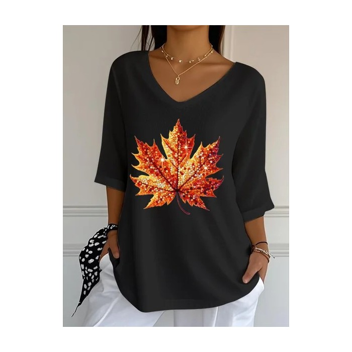 Women Maple Leaf Three Quarter Sleeve Tee T-shirt V Neck Printing Casual Spring/Fall Graphic Tee Top