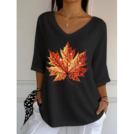 Women Maple Leaf Three Quarter Sleeve Tee T-shirt V Neck Printing Casual Spring/Fall Graphic Tee Top