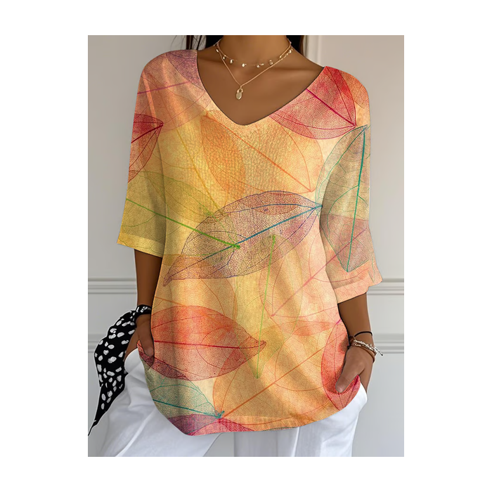 Women Leaf Three Quarter Sleeve Tee T-shirt V Neck Printing Casual Spring/Fall Graphic Tee Top