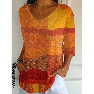 Women Abstract Three Quarter Sleeve Tee T-shirt V Neck Printing Casual Spring/Fall Graphic Tee Top