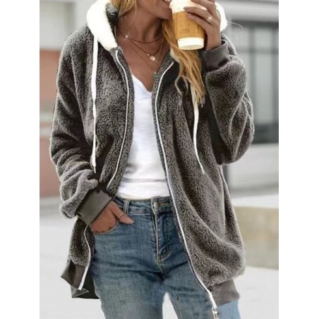 Women's Winter Outerwear Fluff/Granular Fleece Fabric Casual Zipper Plain Long Sleeve Hoodie Fleece Coat