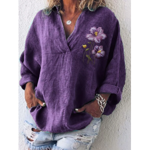 Women Floral Long Sleeve Shirt Spring/Fall Printing Shawl Collar Daily Casual Top