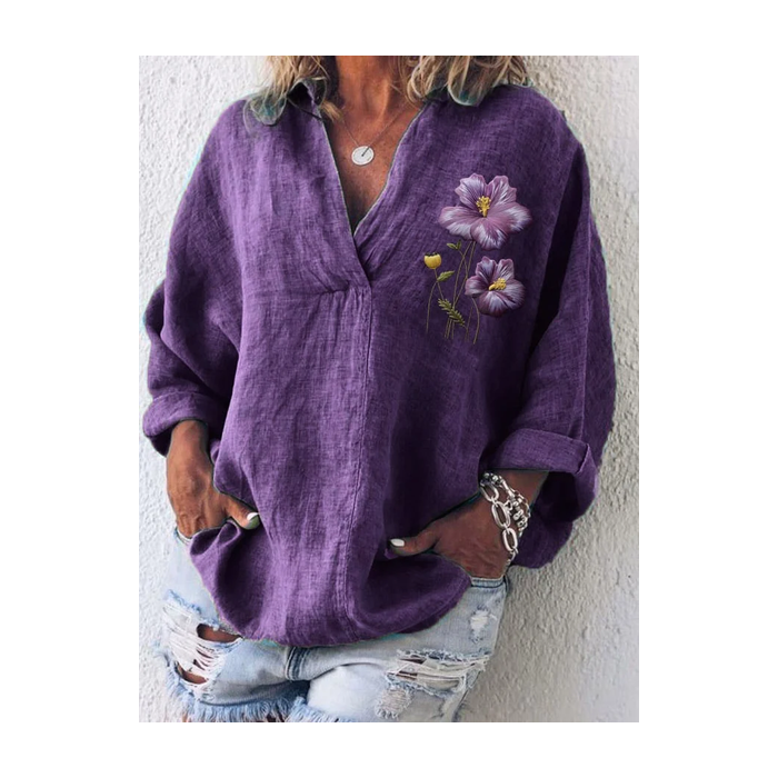 Women Floral Long Sleeve Shirt Spring/Fall Printing Shawl Collar Daily Casual Top