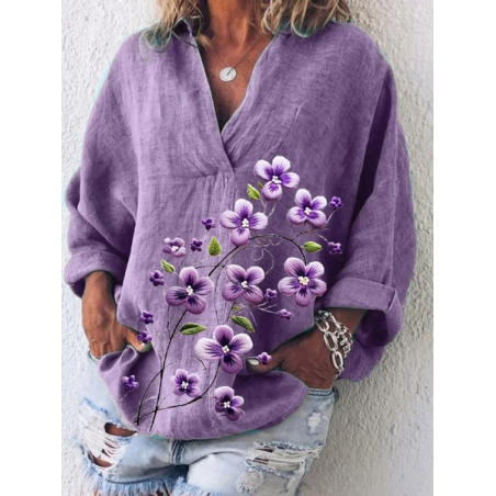 Women Floral Long Sleeve Shirt Spring/Fall Printing Shawl Collar Daily Casual Top