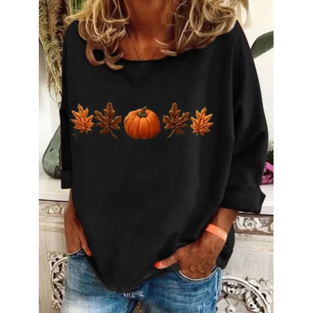 Women Halloween Maple Leaf Long Sleeve Tee T-shirt Crew Neck Printing Casual Spring/Fall Graphic Tee Top