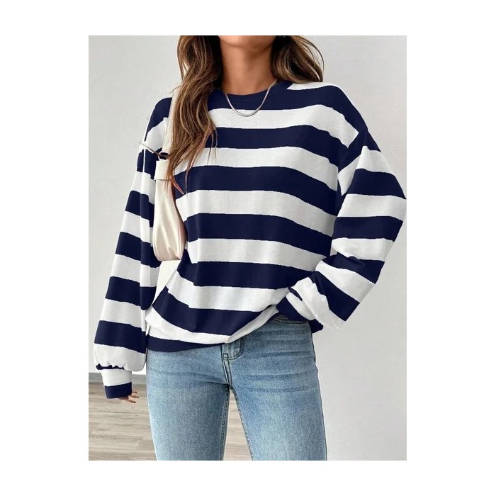 Women Striped Crew Neck Printing Casual Spring/Fall Long Sleeve Sweatshirt