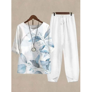 Women Floral Printing Two-Piece Set Daily Half Sleeve Casual Summer Top With Pants Matching Set