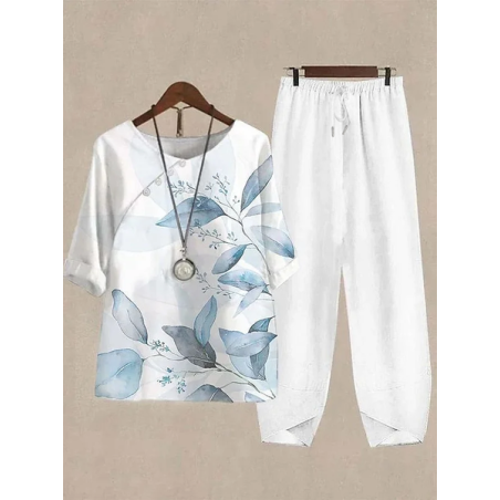 Women Floral Printing Two-Piece Set Daily Half Sleeve Casual Summer Top With Pants Matching Set