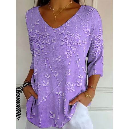 Women Floral Three Quarter Sleeve Tee T-shirt V Neck Printing Casual Spring/Fall Graphic Tee Top