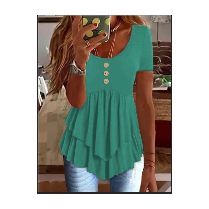 Women Plain Short Sleeve Tee T-shirt Crew Neck Casual Summer Top