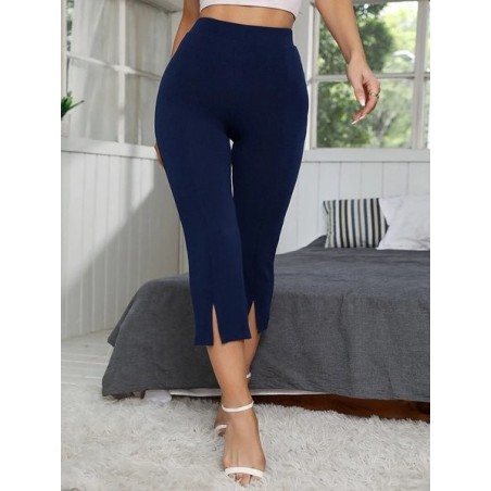 JFN Casual Plain Color Spilit Hem Elastic Waist Knitted Capris Leggings