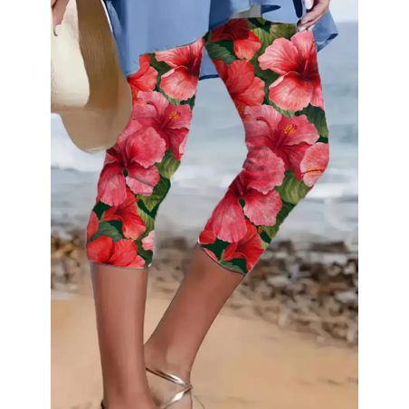 Women's Floral Capris Elastic Waist Pant Casual Summer Trousers