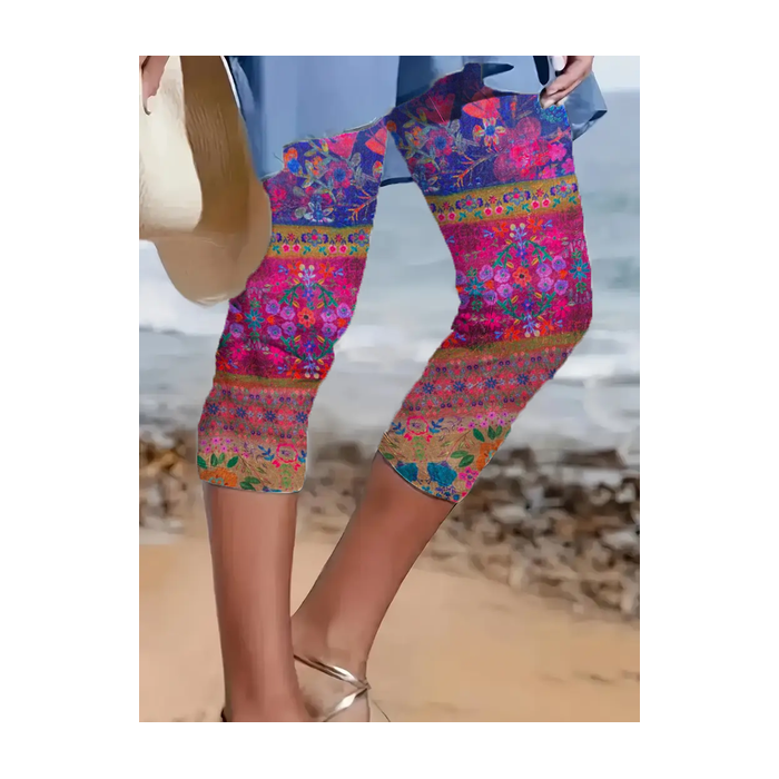 Women's Floral Capris Elastic Waist Pant Casual Summer Trousers