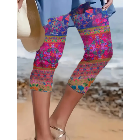 Women's Floral Capris Elastic Waist Pant Casual Summer Trousers