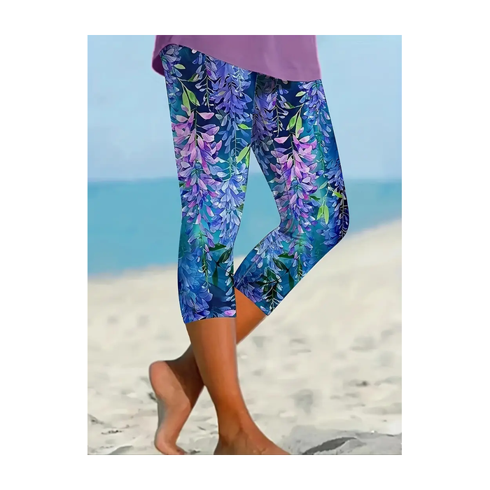 Women's Floral Capris Elastic Waist Pant Casual Summer Trousers