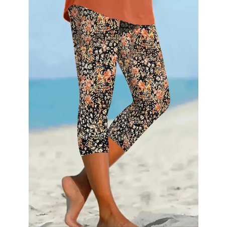Women's Floral Capris Elastic Waist Pant Casual Summer Trousers