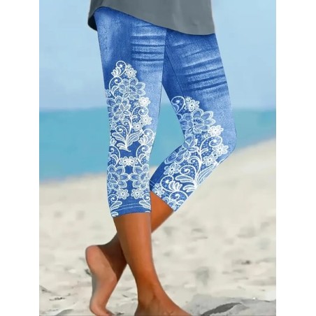 Women's Floral Capris Elastic Waist Pant Casual Summer Trousers