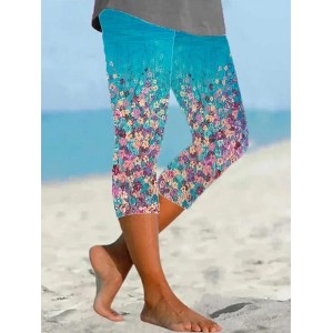 Women's Floral Capris Elastic Waist Pant Casual Summer Trousers