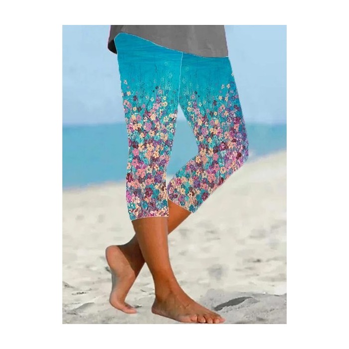 Women's Floral Capris Elastic Waist Pant Casual Summer Trousers