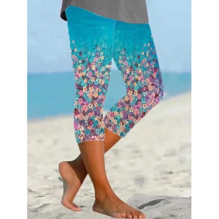 Women's Floral Capris Elastic Waist Pant Casual Summer Trousers