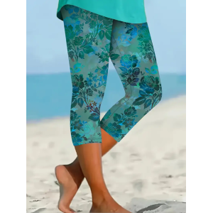 Women's Floral Capris Elastic Waist Pant Casual Summer Trousers