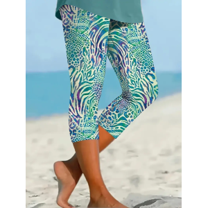 Women's Random Print Capris Elastic Waist Pant Casual Summer Trousers