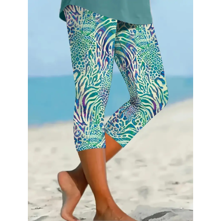 Women's Random Print Capris Elastic Waist Pant Casual Summer Trousers