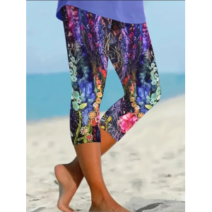 Women's Floral Capris Elastic Waist Pant Casual Summer Trousers
