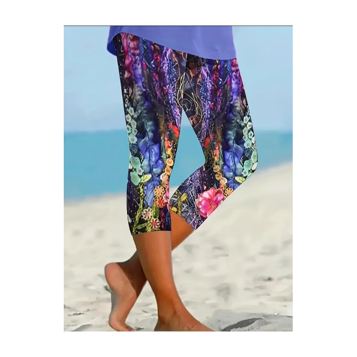 Women's Floral Capris Elastic Waist Pant Casual Summer Trousers