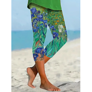 Women's Floral Capris Elastic Waist Pant Casual Summer Trousers