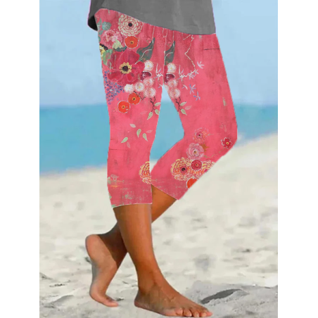 Women's Floral Capris Elastic Waist Pant Casual Summer Trousers