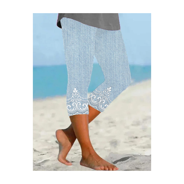 Women's Floral Capris Elastic Waist Pant Casual Summer Trousers