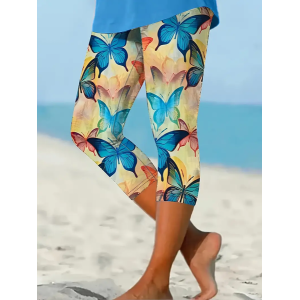 Women's Butterfly Capris Elastic Waist Pant Casual Summer Trousers