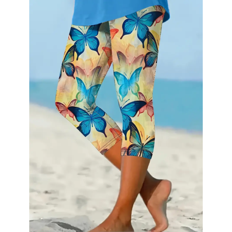Women's Butterfly Capris Elastic Waist Pant Casual Summer Trousers