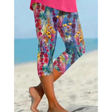Women's Floral Capris Elastic Waist Pant Casual Summer Trousers