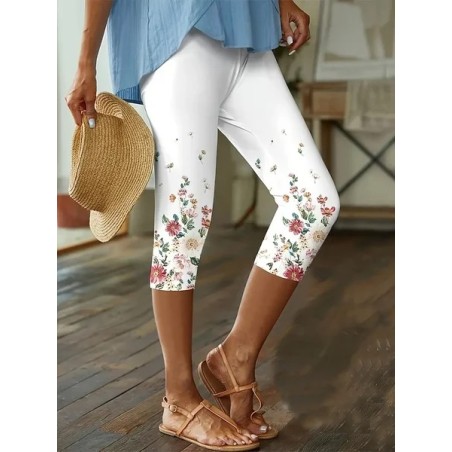 Women's Floral Capris Elastic Waist Pant Casual Summer Trousers