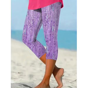 Women's Striped Capris Elastic Waist Pant Casual Summer Trousers