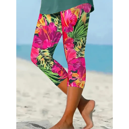 Women's Floral Capris Elastic Waist Pant Casual Summer Trousers
