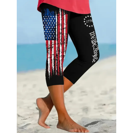 Women Independence Day (Flag) Capris Elastic Waist Pant Casual Summer Trousers
