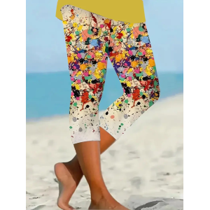 Women Abstract Capris Elastic Waist Pant Casual Summer Trousers