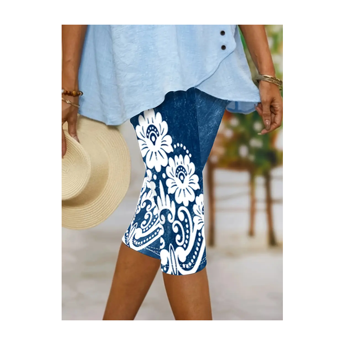 Women Faux Denim Print Graphic Capris Elastic Waist Pant Casual Summer Trousers