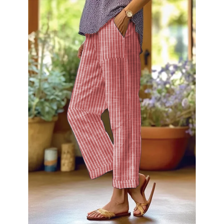 Women's Trousers Straight Pants Daily Going Out Casual Printing Linen Blend Striped Spring/Fall Pants