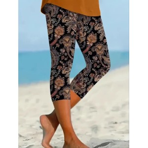 Women Floral Capris Elastic Waist Pant Casual Summer Trousers